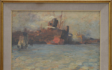 Felice Castegnaro ( Montebello Vicentino 1872 - 1958 ) , "Marina" bozzetto ad olio su tavola (cm 29x42) Firmato in basso a destra. In cornice