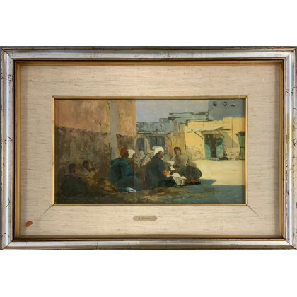 Ambrogio Vismara ( Seregno 1900 - Milano 1994 ) , "Marrakech" olio su compensato (cm 25x42) Firmato in basso a destra. Al retro: titolato. In cornice Esposizione: Galleria D'Arte...