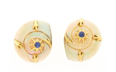 Maz Pair of Gold, Shell and Star Sapphire Earclips