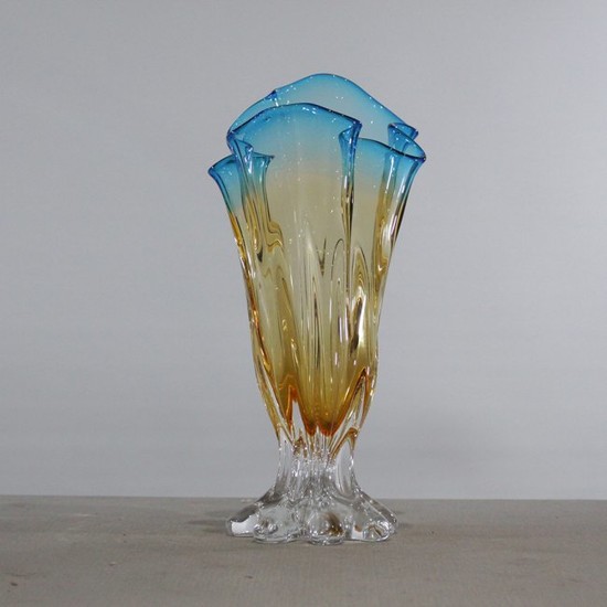 Mid-Century Modern Art Glass Vase Blue, Amber, Clear