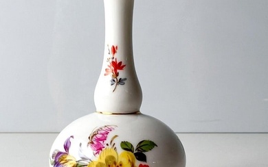 Miniature Meissen Hand painted porcelain vase floral details, gilt trim