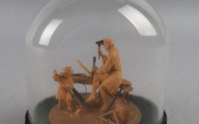 Miniaturschnitzerei Hl. Joseph als Zimmermann mit Jesusknaben in der Werkstatt