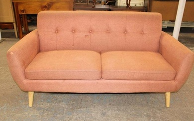 Modern design 2 cushion button tufted settee in the salmon color tweed style upholstery