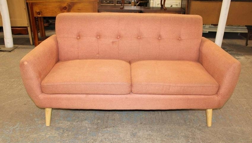 Modern design 2 cushion button tufted settee in the salmon color tweed style upholstery