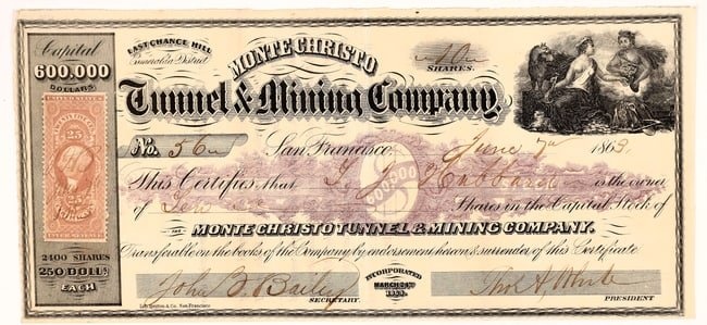 Monte Christo Tunnel & Mining Company Stock Certificate 1863 [166937]