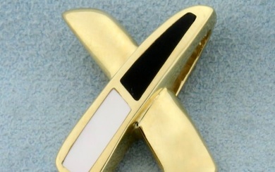 Mother of Pearl and Onyx "X" Design Pendant or Slide in 14K Yellow Gold
