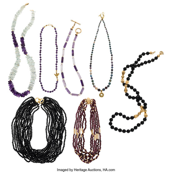 Multi-Stone, Cultured Pearl, Gold Necklaces The lot includes seven...