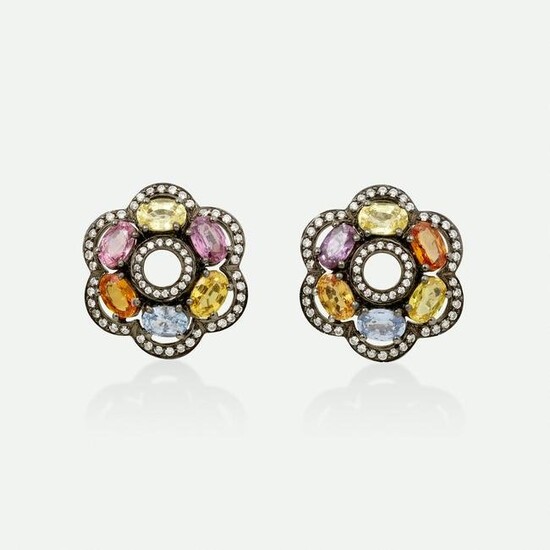 Multi-colored sapphire and diamond earrings