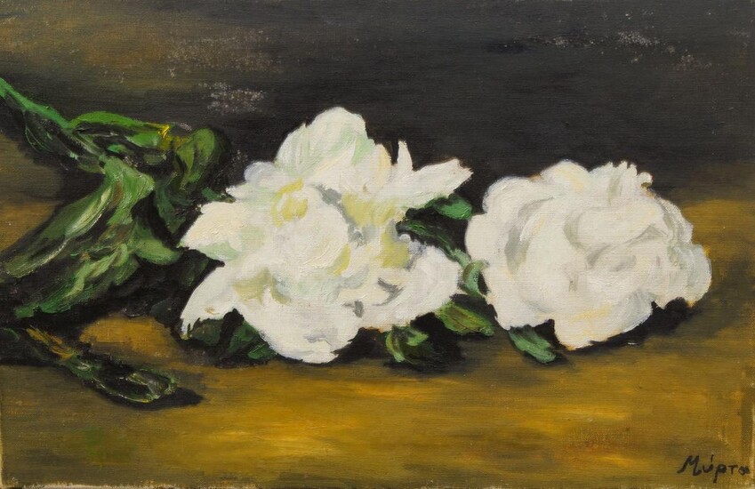 Murain Mupta, early-mid 20th century- White flowers on a ledge; oil on canvas, signed, 30 x 45.5 cm (unframed) (ARR)