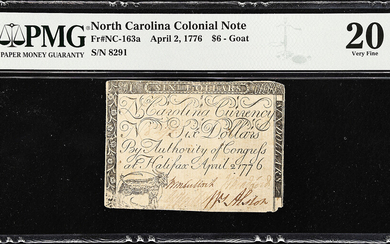 NC-163a. North Carolina. April 2, 1776. $6. PMG Very Fine 20 Net. Tape Repaired.