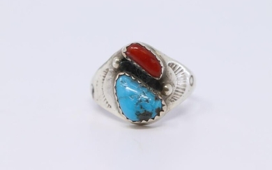 Navajo Mens Turquoise & Red Coral B L Ring.