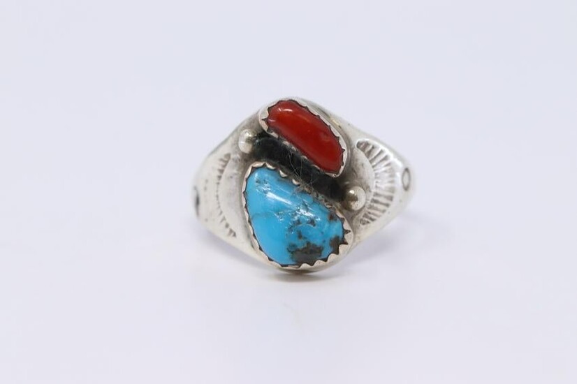 Navajo Mens Turquoise & Red Coral B L Ring.