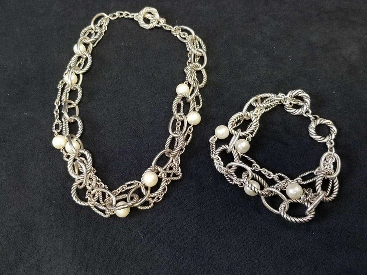 Necklace and Bracelet Metal Chain Link with Faux Pearl