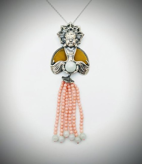 Necklace & Buddha Pendant w Jade, Yellow Jade