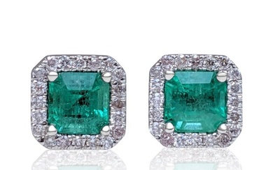 No Reserve Price - Earrings - 14 kt. White gold - 1.48 tw. Emerald - Diamond