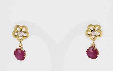 No Reserve Price - Earrings - 18 kt. Yellow gold Diamond (Natural) - Ruby