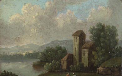 North Italian school, 19th century Lake landscape with figures Oil on panel, 15.5x19.5 cm. (restorations)