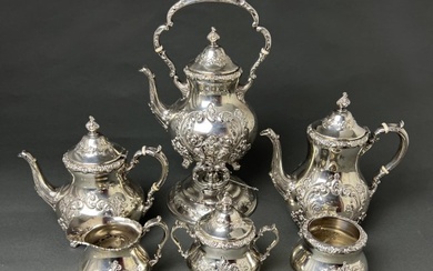 Old English hand chased sterling silver tea/coffee set, 6 pieces. marked