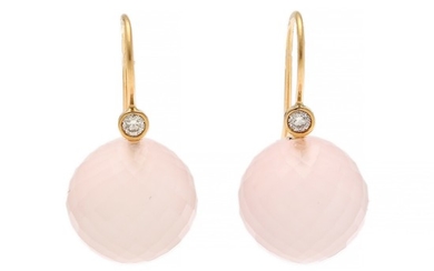 Ole Lynggaard: A pair of “Globe” ear pendants each set with a fancy-cut rose quartz and a brilliant-cut diamond, mounted in 18k gold. (2)