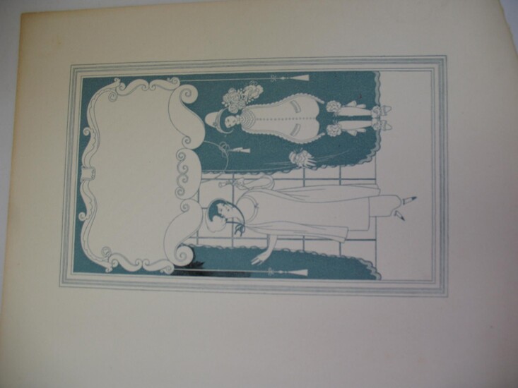 Original Ink Drawing By Will Bradley in Green Ink, Two Figures Framed with Space Above