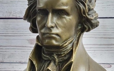 Original Ludwig van Beethoven Bronze Bust Sculpture on Marble Base Signed By Fisher - 8lbs