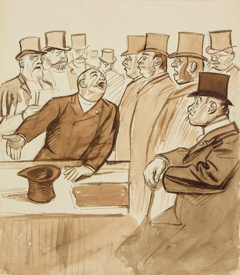 Oswald Heidbrinck, French 1860-1914- In Court; and The nude model; the first watercolour on paper, the second pen and black ink heightened with blue pencil on card, the first is captioned (see note), and further bears inscription 'Dessin de...