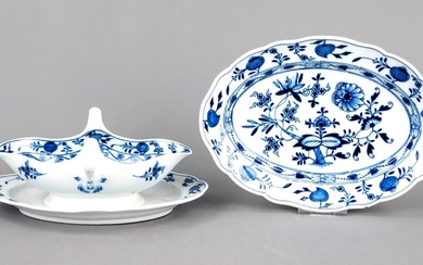 Oval serving dish and gravy boat, Meissen, Knauff Schwerter 1850-1924, 1st choice, onion pattern