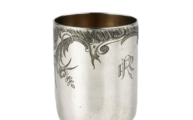 Ovchinnikov`s silver vodka cup with baroque ligature along the edge of the body. Last quarter of the 19th century.