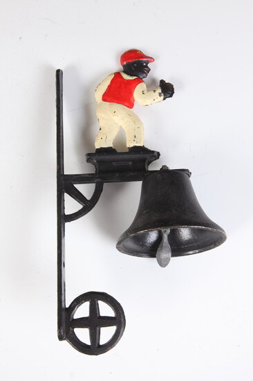 PAINTED CAST IRON DOORWAY ENTRANCE BELL WITH BLACK AMERICANA JOCKO...