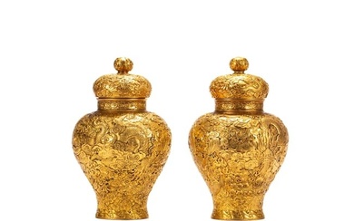 PAIR BRONZE-GILT JARS WITH COVER