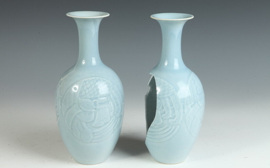 PAIR CHINESE CLAIR-DE-LUNE GLAZED PORCELAIN BOTTLE VASES. Circular reserves with...