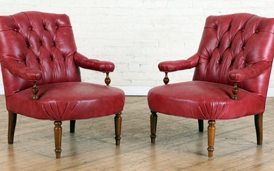 PAIR LEATHER NAPOLEON III STYLE LIBRARY CHAIRS