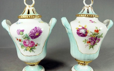 PAIR OF KPM FLORAL COVERED URNS