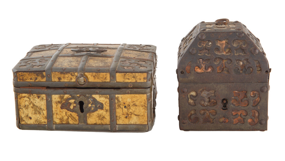 PAIR OF MICA WOOD AND BRONZE JEWELRY CASKETS