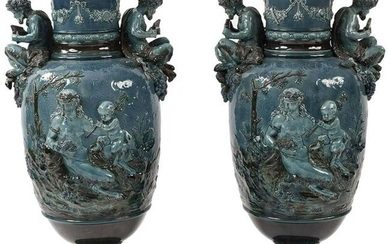 PAIR OF MONUMENTAL 19TH C. FRENCH MAJOLICA URNS