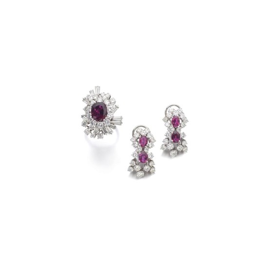 PAIR OF RUBY AND DIAMOND EARRINGS AND A RING
