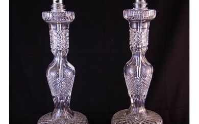 PAIR OF WATERFORD CRYSTAL TABLE LAMPS ON TIMBER BASES 37H CM