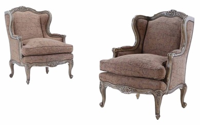 PAIR PAINTED AND CARVED LOUIS XV STYLE BERGERE CHAIRS C...