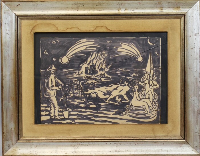 Paesaggio con figure ,tecnica mista su carta 31x44 cm, entro cornice., Carlo Levi (Torino, 1902 - Roma, 1975)