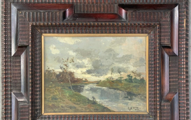 G.B. Talli , "Paesaggio fluviale" olio su compensato (cm 21x28) Firmato in basso a destra. In cornice