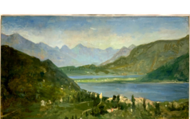 Egidio Riva ( Milano 1866 - 1946 ) , "Paesaggio lacustre" olio su tela (cm 70,5x120,5) Firmato in basso a destra.