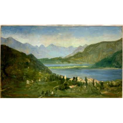 Egidio Riva ( Milano 1866 - 1946 ) , "Paesaggio lacustre" olio su tela (cm 70,5x120,5) Firmato in basso a destra.