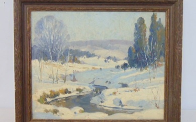 Painting, Winter landscape with creek in snow, unsigned, oil on Masonite, 9.75" by 12" something