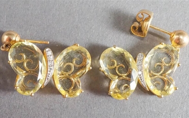 Pair 14-Karat Yellow-Gold, Lemon Quartz and Diamond 'Butterfly' Pierced Pendant Earrings, 4 gross dwt, L: 1-1/8 in