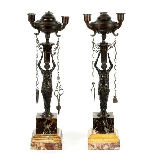 Pair 19th C. Figural Bronze Maiden Oil Lamps