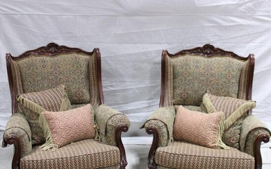 Pair Carved Upholstered Arm Chairs