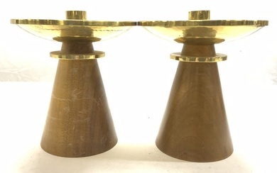 Pair MCM Walnut and Brass Candlesticks, Swiss