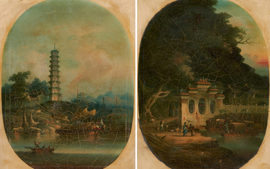 Pair O/C China Trade Harbor Paintings, attr. Namcheong