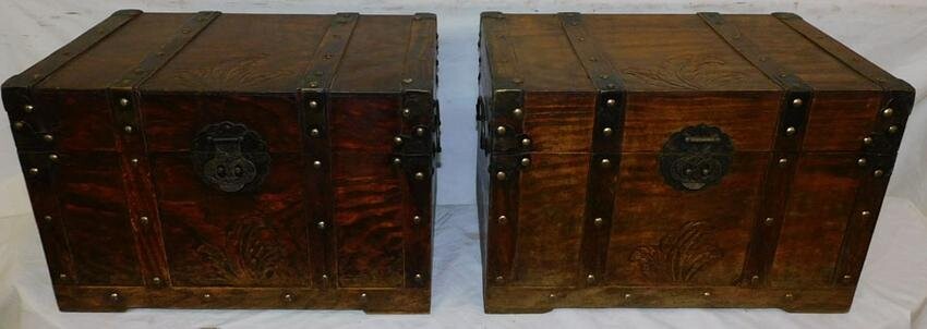 Pair Oriental Wooden Metal Bound Boxes