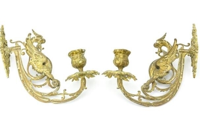 Pair of Antique 19th C Gilt Bronze Dragon Sconces
